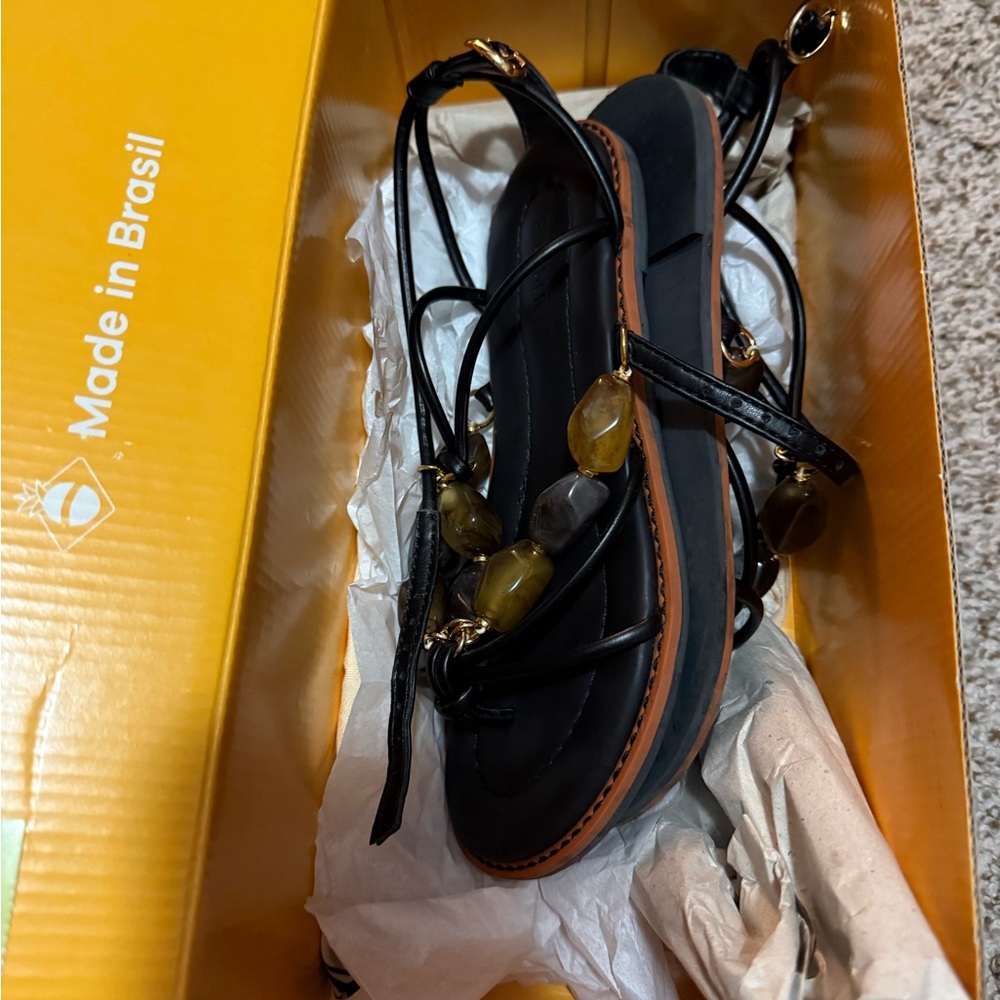 FARM Rio Black and Brown Sandals with Beaded Details